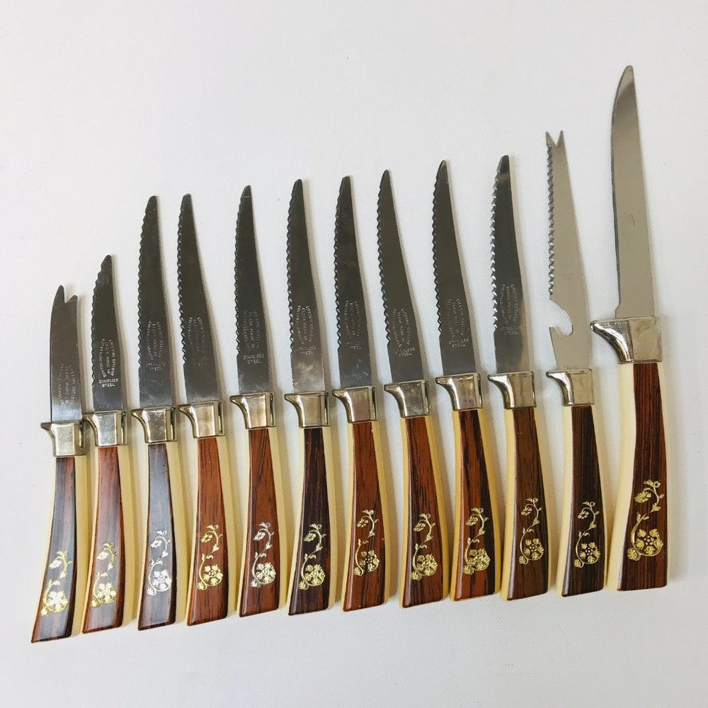 Decorative Handle Steak & Carving Knives with Gold Floral Inlay - Brown